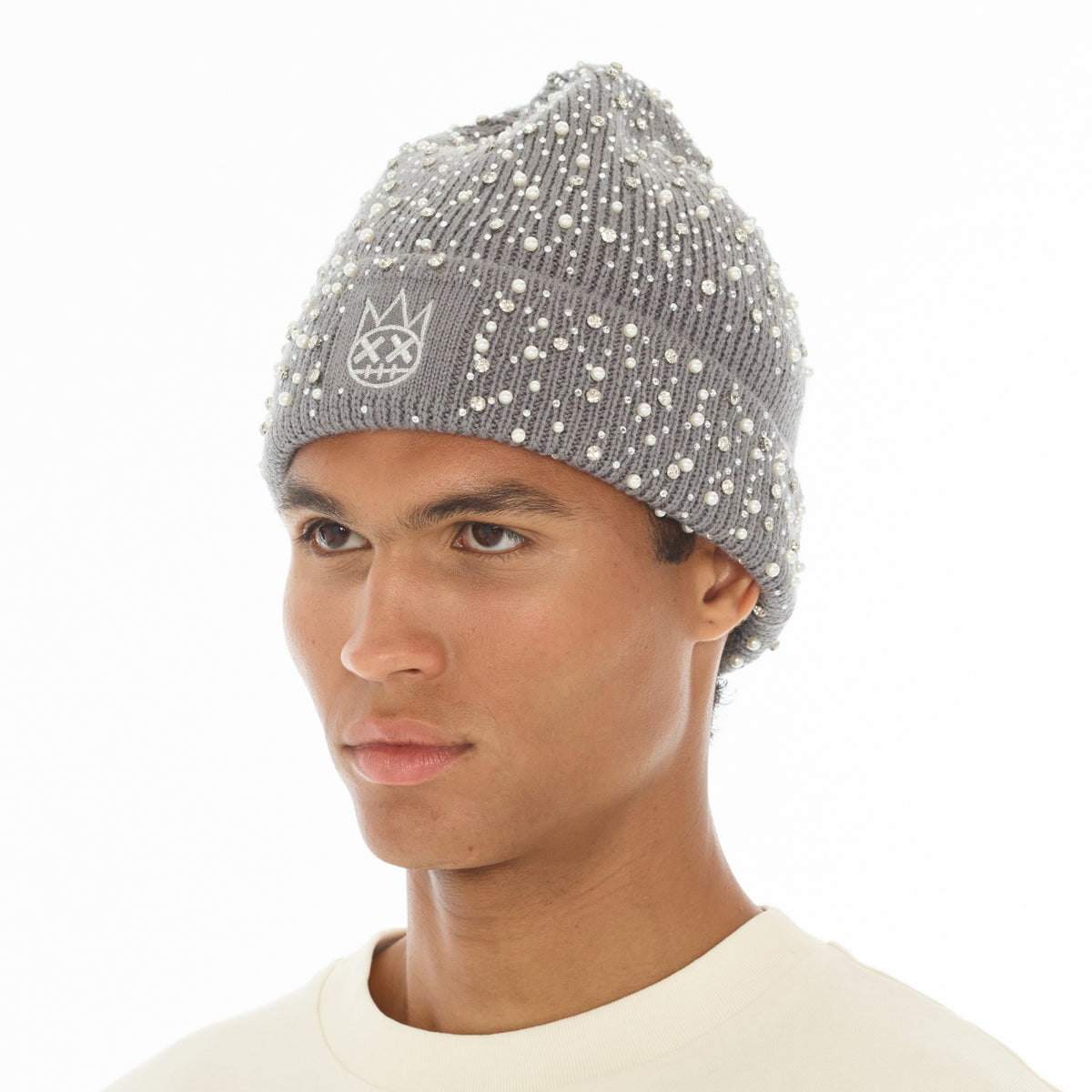 Cult's Knit Hat "Crystals And Pearls" In Charcoal Grey