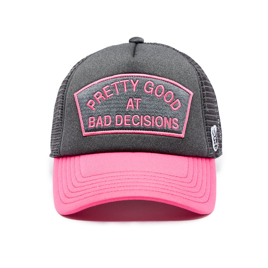 Cult's "Good At Bad Decisions" Mesh Back Trucker Hat in Steel