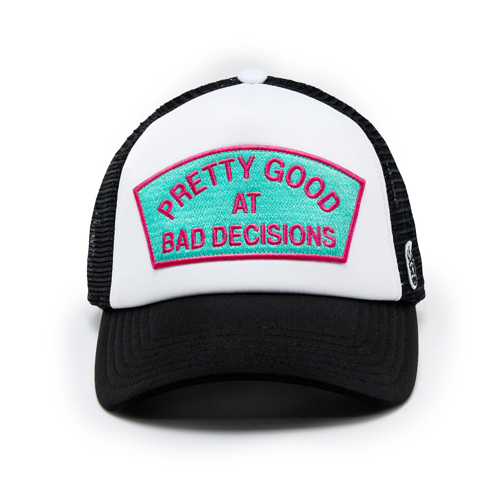 Cult's "Good At Bad Decisions" Mesh Back Trucker Hat in White