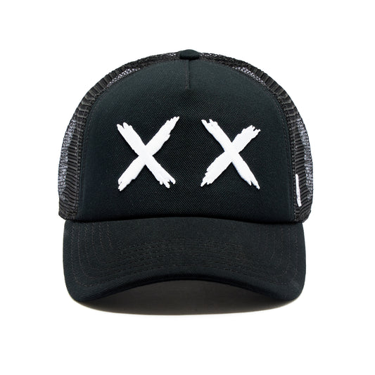 Black Trucker Hat – Mesh Back, Curved Visor, XX Logo