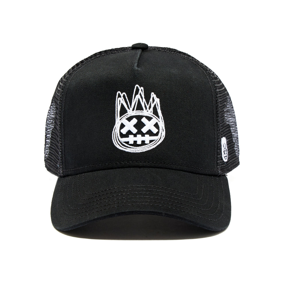 Black Trucker Hat – Black Crown, Black Mesh, Curved Visor