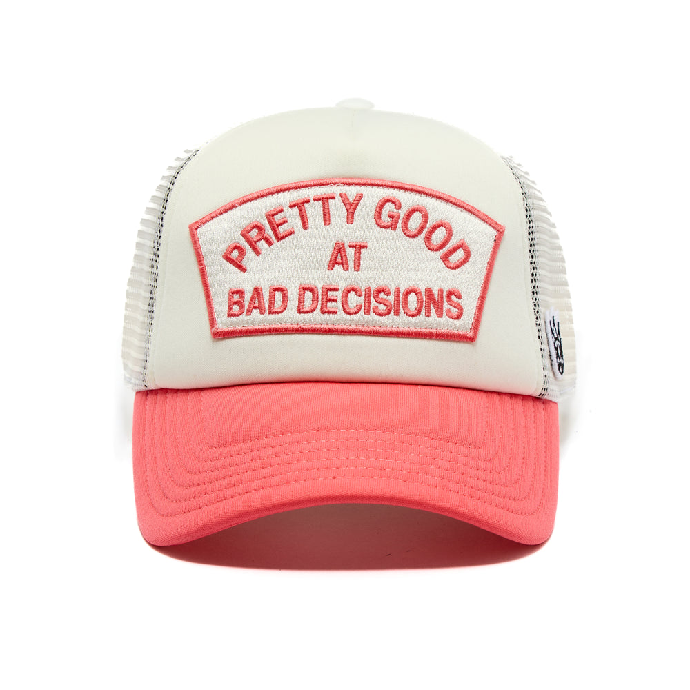 Cult's "Good At Bad Decisions" Mesh Back Trucker Hat in Winter White