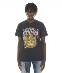 SHORT SLEEVE CREW NECK TEE "ROLLING STONED" IN BLACK/AC DC WASH